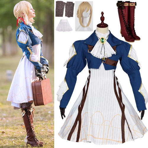 Violet Evergarden Cosplay Costume Anime Cosplay Violet Evergarden Costume for Women Halloween ( Top + Dress + Gloves + shoes) )