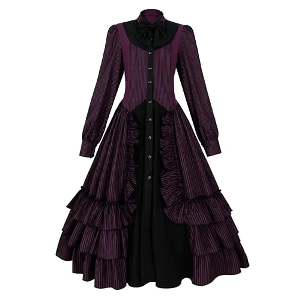 ZZEQYG Women Girls Purple Gothic Dress Long Sleeves Polyester Ruffle Dress with Bows (S, Purple)