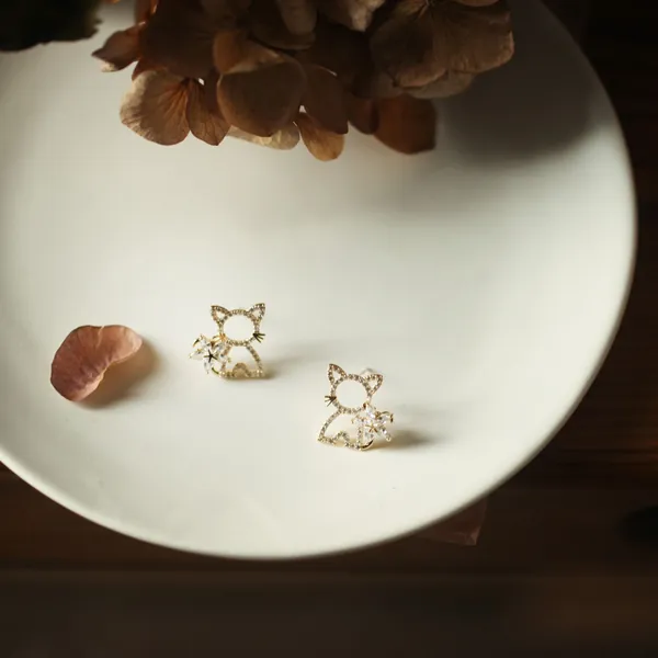 Dainty Gold CZ Cat Stud Earrings, Hollow-out Sparkly CZ Kitty Earrings, Minimalist Cute Cat Feature Flower CZ Earring, Gifts for her, E52