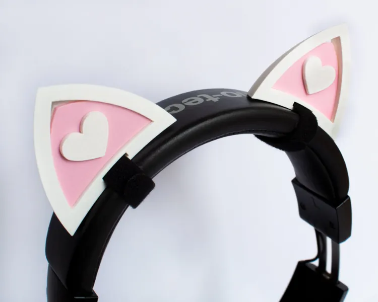 Cat Heart Ears for Headset Headphones (White and Pink)