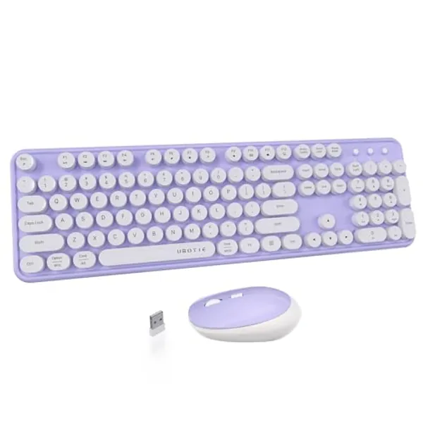 UBOTIE Colorful Computer Wireless Keyboards Mouse Combo, Typewriter Flexible Keys Office Full-Sized Keyboards, 2.4GHz Dropout-Free Connection and Optical Mouse (Purple-White)