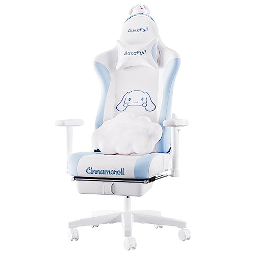 AutoFull Cinnamoroll Gaming Chair High Back Ergonomic Office Desk Computer Chair with Lumbar Support, Racing Style PU Leather Task Chair with Footrest, White & Blue