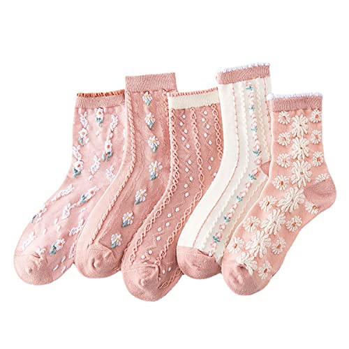 MarJunSep Women's Cute Vintage Floral Patterned Cotton Crew Socks Teen Girls Pretty Ruffle Frilly Lace Socks - Medium - 5 Pairs H Pack