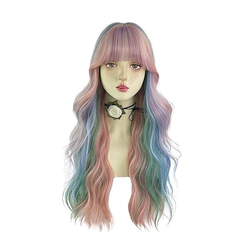 WKLOUYHE Rainbow Long Wavy Wigs with Bangs for Women Loose Wavy Wig Curly Wavy Synthetic Cosplay Wig for Girl Colorful Costume Wigs - Rainbow