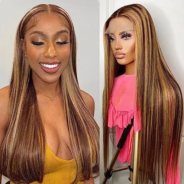 Highlight Lace Front Wig 4/27 Brazilian Straight Ombre Human Hair Wigs for Women 13x6x1 T Part Lace Front Wigs Human Hair 150% Density 24 Inch