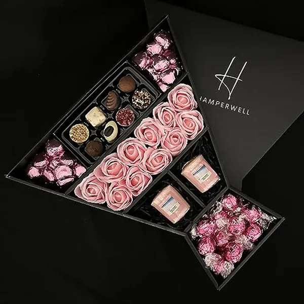 Lindt Lindor & Yankee Scented Votive Candle Signature Chocolate Hamper With Pink Roses in a Luxury Presentation Box