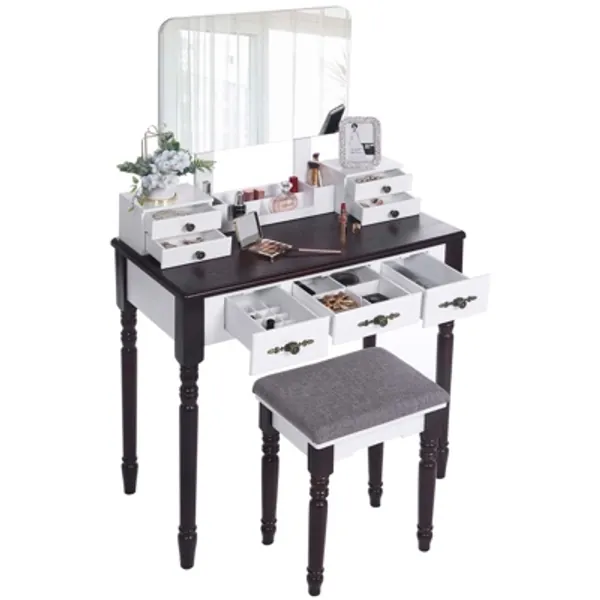 ANWBROAD Dressing Table Vanity Set Makeup Table Vanity Desk Large Frameless Mirror Cushioned Stool Set Large 7 Drawers 3 Dividers Removable Organizer For Bedroom Makeup Jewelry Storage Set BDT03WZ