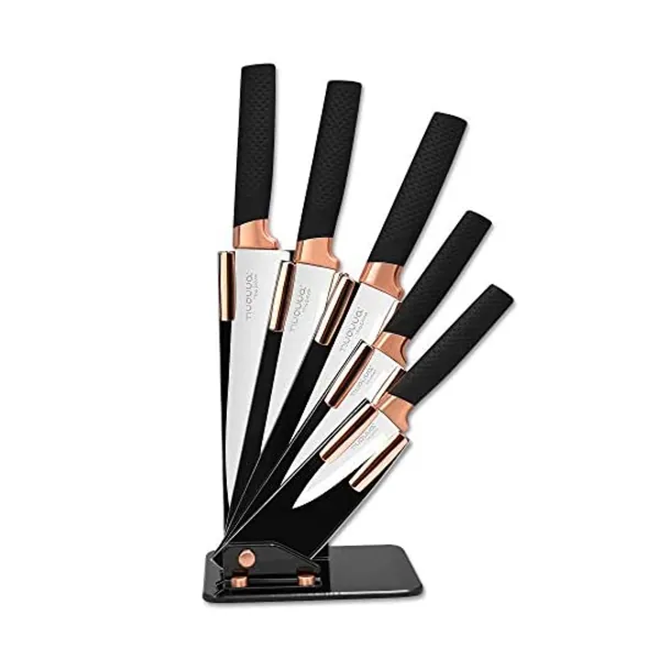 
                            Kitchen Knife Block Set Copper 5 Piece Set with Knives Clear Acrylic Block Stainless Steel Blades - by Nuovva
                        