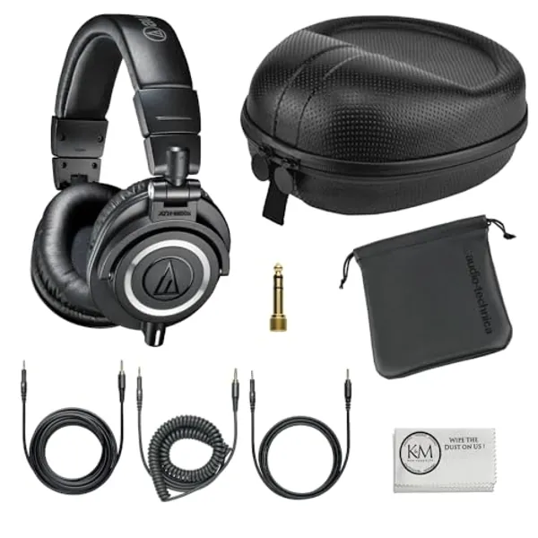 Audio-Technica ATH-M50x Professional Studio Monitor Headphones | Black Bundle with Full Sized Hard Body Headphone Case and Microfiber Cleaning Cloth (3 Items)
