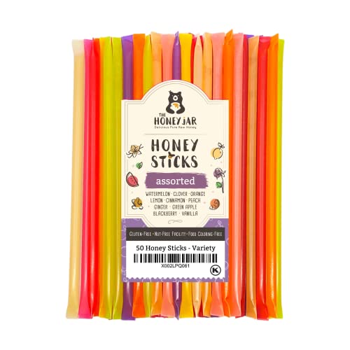 The Honey Jar Variety Pack Raw Honey Sticks - Pure Honey Straw For Tea, Coffee, or a Healthy Treat - One Teaspoon of Flavored Honey Per Stick - Made In The USA - (50 Count) - Variety - 50 Count (Pack of 1)