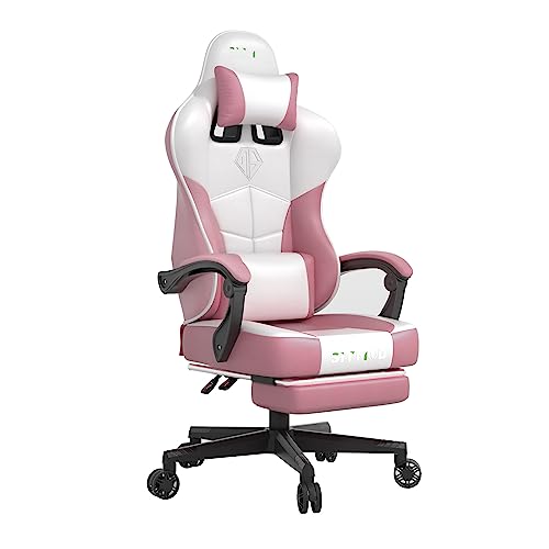 Video Gaming Chair Ergonomic Office Chair with Headrest Lumbar Support Big and Tall Desk Chair with Footrest High Back PU Leather Height Adjustable Swivel Computer Game Chair for Adult (Pink) - Pink