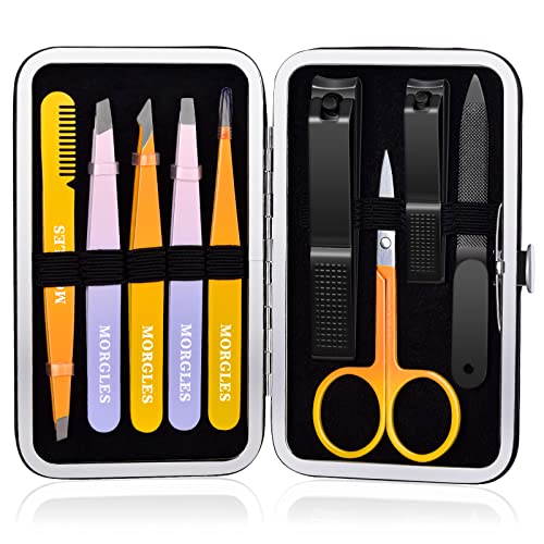 MORGLES Tweezers Set, Professional Nail Clippers and Tweezer Kit for Women and Men with Leather Travel Case, 9 Pack - A-multicolored