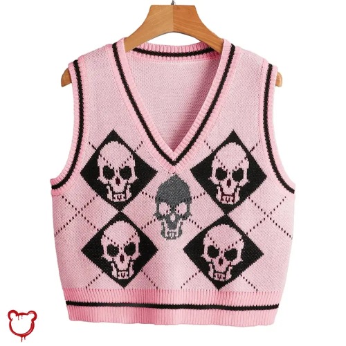 Gothic Skull Checkerboard Sweater - Pink / M