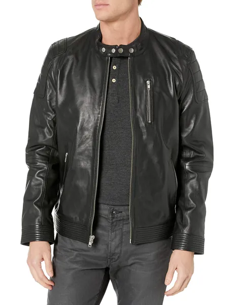 LAMARQUE Men's Eito Quilted Shoulder Lambskin Leather Racing Collar Biker Jacket