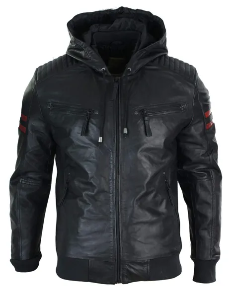 Mens Blue Black Hood Real Leather Bomber Jacket Red Stripes Quilted Slim Fit Casual