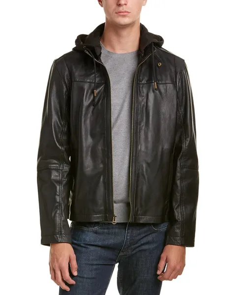 Cole Haan Signature Men's Washed Leather Zip Off Hood Moto Jacket