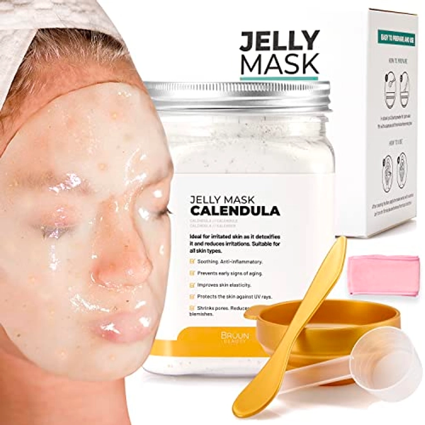 BRÜUN Jelly Mask Jar Calendula Peel-Off Face Care Rubber Mask | 23 fl oz Skin Care Moisturizing Gel Mask Jar Spa Set