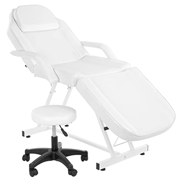 OmySalon Massage Salon Tattoo Chair Esthetician Bed with Hydraulic Stool,Multi-Purpose 3-Section Facial Bed Table, Adjustable Beauty Barber Spa Beauty Equipmen, White