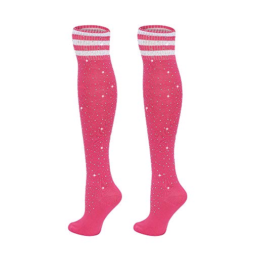 ANNTXL Woman's Rhinestone Over Knee High Socks Stripe Knit Stockings Leg Warmers for Christmas Valentines day Events - Medium - Pink White Stripe