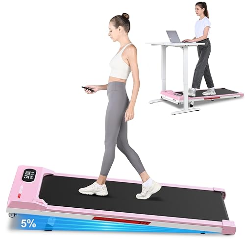 HomeFitnessCode Walking Pad, 5MPH Under Desk Portable Treadmill for Home & Office, 38.5"×15.2" Running Belt, Quiet<45dB, Remote Control, 300 LBS Capacity - Pink-Incline