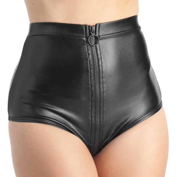 Lovehoney Lingerie Fierce Collection Black Wet Look High Waisted Zipped Knickers - Stretchy Light Reflecting Fabric