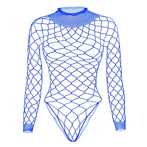 Tosmifairy Fishnet Bodysuit Top for Women Stretch One Piece Long Sleeve Mesh Rave Romper Body Suit - Royal Blue