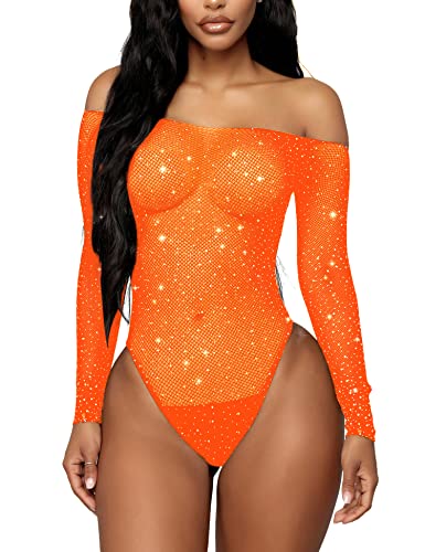 RSLOVE Women Lingerie Fishnet Bodysuit Sparkle Rhinestone Sexy Mesh Teddy Lingerie - One Size - Orange