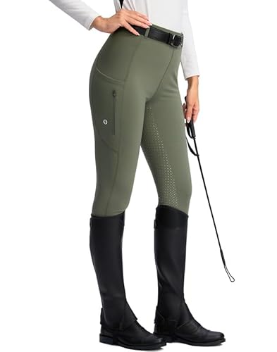 SANTINY Women's Horse Riding Pants Zipper Pockets Silicone Full-Seat Breeches Equestrian Schooling Tights for Women - X-Small - Grey Sage