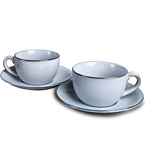 Bosmarlin Ceramic Coffee Cup Mug with Saucer Set of 2 for Latte, Cappuccino, Tea, 8.5 Oz, Dishwasher and Microwave Safe(Grey&Blue, 2) - Grey&Blue - 2