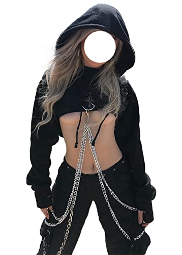 TSMNZMU Womens Gothic Crop Hoodie Punk Grunge Long Sleeve Sweatshirt Alt Mall Goth Tops Y2K Emo Shirt with Iron Chain - Small - Goth Lolita Tops
