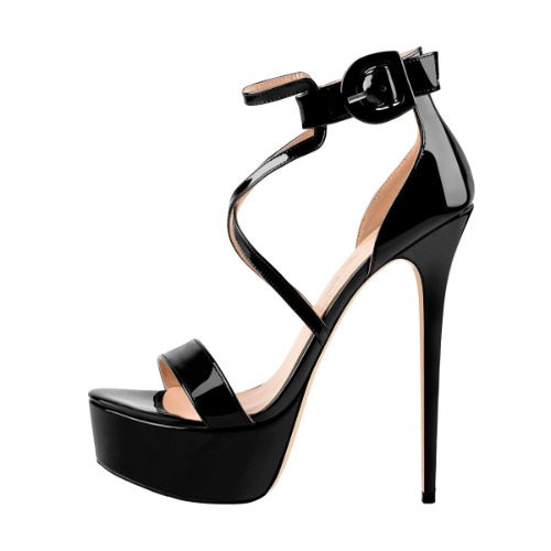 Patent Leather Platform Cross-tied Stiletto Sandals | Black / US8
