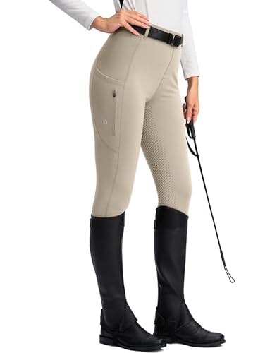 SANTINY Women's Horse Riding Pants Zipper Pockets Silicone Full-Seat Breeches Equestrian Schooling Tights for Women - X-Small - Taupe