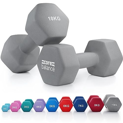 Core Balance Dumbbell Pair Hex Weight Neoprene Coated Cast Iron Strength Training (2 x 1kg, 2kg, 3kg, 4kg, 5kg, 6kg, 7kg, 8kg, or 10kg) - 2 x 10kg