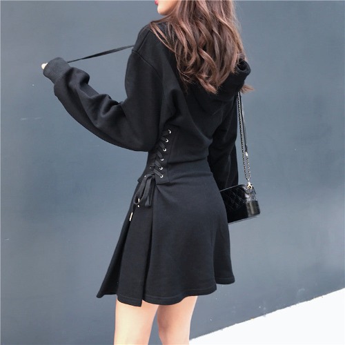  Lace Up Hooded Dress - Black