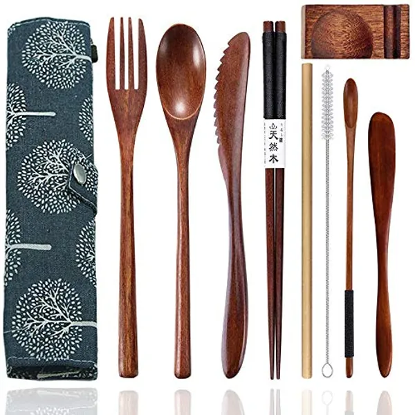 Busnos Wooden Utensils for Eating Reusable Wooden Bamboo Cutlery Set with Case 9 Pcs Travel Utensils Wooden Bamboo Fork and Spoon Set Wood Flatware Set with Knife Fork Spoon Chopsticks Straw