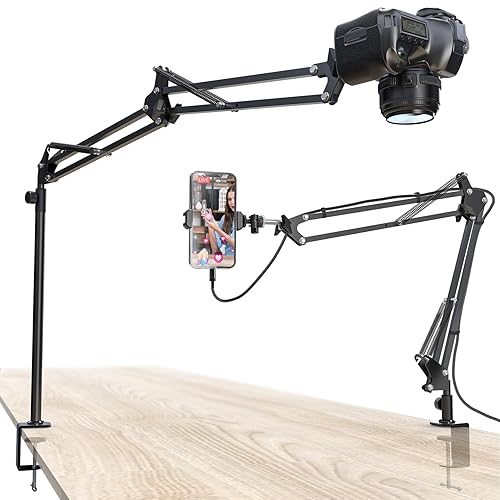 CACENCAN Overhead Camera Mount, 5lb Horizontal Load-Bearing, 360° Adjustable Camera Stand for Desk, Flexible Camera Arm Desk Mount, with Phone Clamp, Tabletop Mount for DSLR Camera/Webcam/Microphone - Black