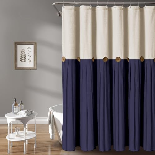 Awellife Linen Button Farmhouse Shower Curtain Cotton Woven Fabric Pleated Country Style Beige & Navy Blue 72" L x 72" W - Cream & Navy Blue - 72"L x 72"W