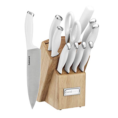 Cusinart Block Knife Set, 12pc Cutlery Knife Set with Steel Blades for Precise Cutting, Lightweight, Stainless Steel, Durable & Dishwasher Safe, C77SSW-12P - White/Stainless Steel