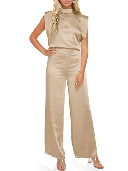 Cicy Bell Women's Elegant Satin Jumpsuits Sleeveless Wide Leg Wedding Guest Cocktail Long Pants Rompers - Small - Khaki