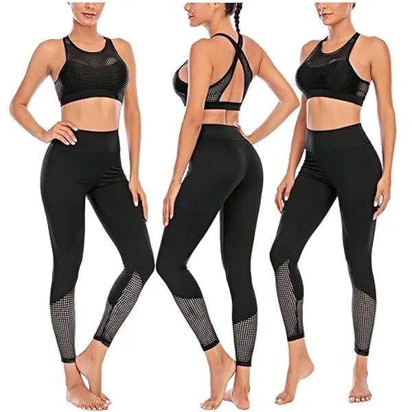 Two Piece Sets for Women Summer Hollow Out Gym Workout Yoga Set Halter Sports Bra and High Waisted Leggings Active Wear 2024 - Small - Black