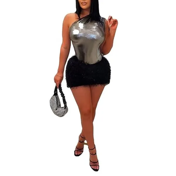 Kafiloe Women Sexy 2 Piece Outfits Clubwear One Shoulder Metallic Bodysuit Top Night Party Club Mini Skirt Set - Small - Black