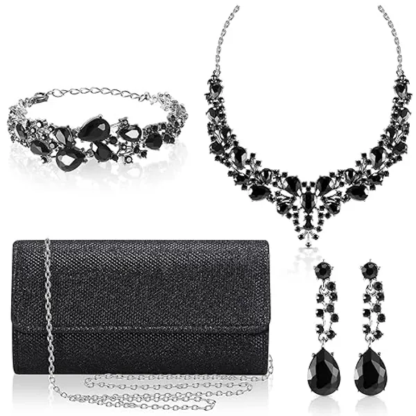 4 Pcs Women Rhinestone Jewelry Set Floral Wave Teardrop Crystal Wedding Necklace Earrings Floral Cluster Wave Bracelet Glitter Envelope Evening Bag Handbag Party Bridal Purse - Simple Style