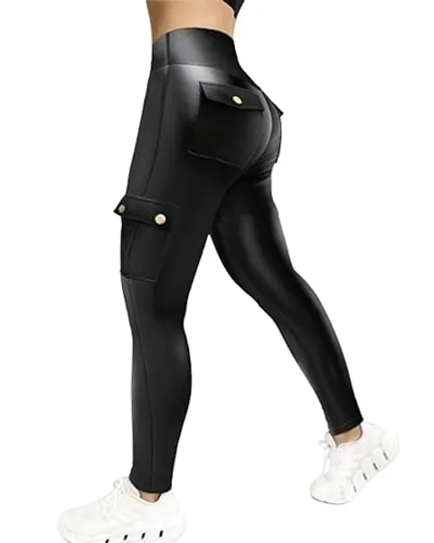 Chic Me Leather Pants for Women High Waist Cargo Pockets Stretch Pants Leather Leggings - Small - Black