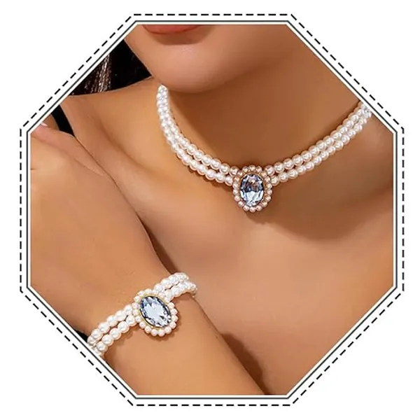 Brishow Pearl Necklace Jewelry Set Wedding Pearls Earrings Necklaces Set Bridal Crystal Bracelet Jewelry for Women (Pack of 3) - 2 Layered - Silver