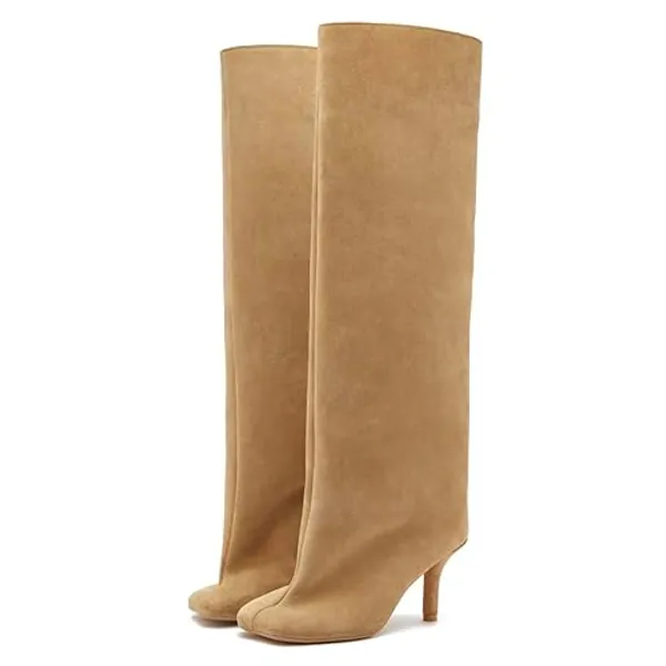 Women's Knee High Boots Nude Suede Wide Calf Stiletto Long Boots Pull On High Heel Riding Boots Fahion Dress Fall Tall Boots - 7.5 - A-nude Suede