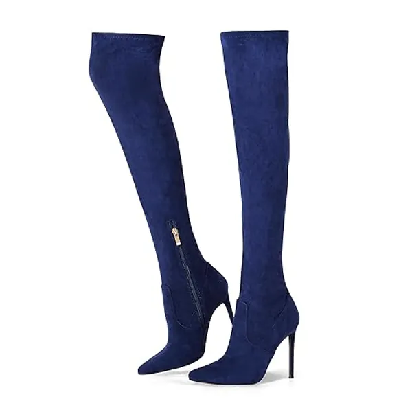 Elisabet Tang Thigh High Boots Over the Knee Boots for Women,Sexy 4.3 inch Stilettos High Heels Boots Stretch Suede Long Pointed Toe Shoes - 8 - Navy Blue
