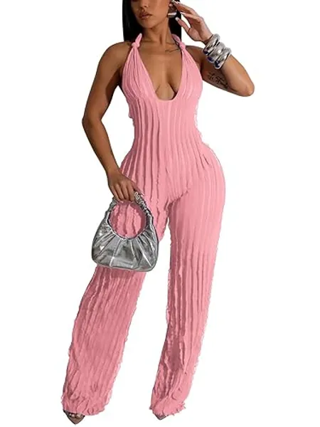 AIBUSIS Summer Halter Jumpsuits for Women 2024 Sexy Backless V Neck Tie Romper Pleated One Piece Wide Leg Long Pants Jumpsuit - C6737-pink - Small
