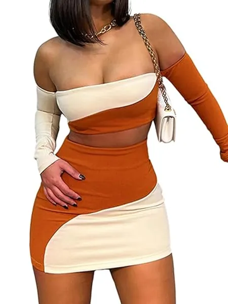 Women's Summer Two-Piece Skirt Sets Sexy Off Shoulders Top Y2K Going Out Short T-Shirt Sets Mini Dress Outfits D293 - X-Small - Orange White