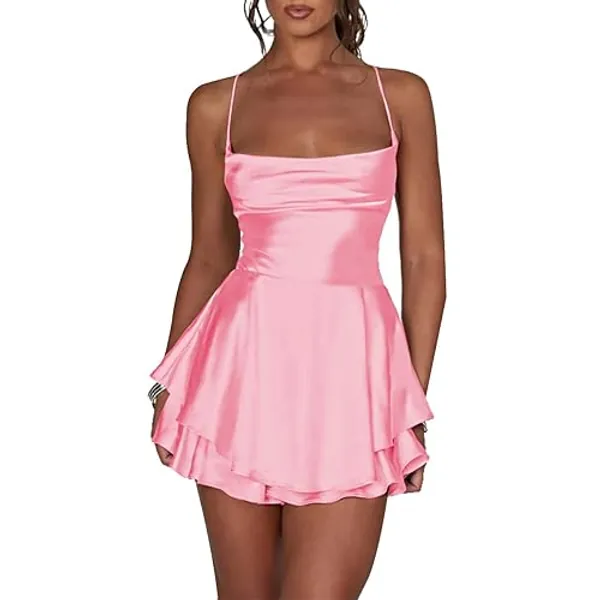 LuFeng Women's Elegant Satin A-line Summer Sleevesless Rompers Bandage Back Spaghetti Strape Tiered Mini Dress Jumpsuits - Small - Pink