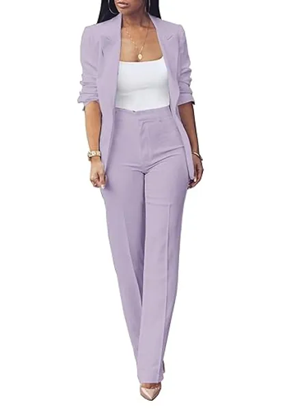 HuiSiFang Womens Fall Fashion 2 Piece Blazer Sets Open Front Blazers and Slim Fit Pants Suits Set - Small - 529-purple